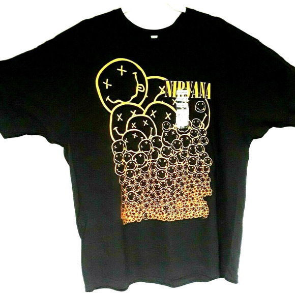 Nirvana Y2K Smiley Face Band Tee T-Shirt 2XL 2007 Black Yellow Grunge Rock Punk - Picture 1 of 5